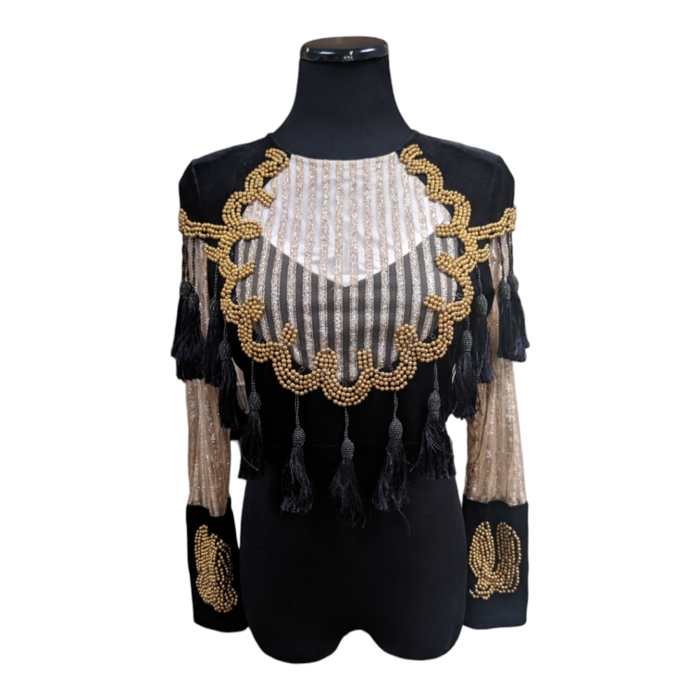 Baliman Inspired Beaded Fringe Semi Sheer Long Sleeve Velvet Top Size L